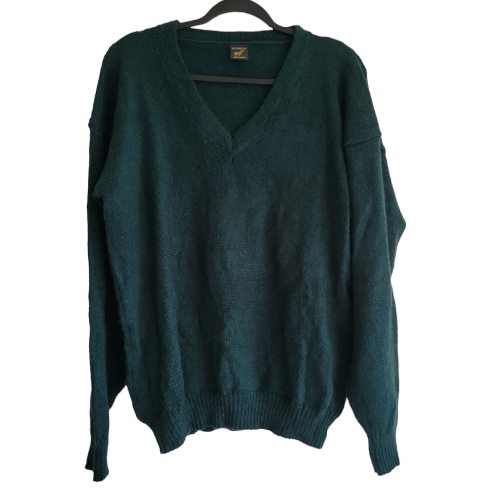 Long Sleeve V Neck Alpaca Forest Green Sweater Size M L